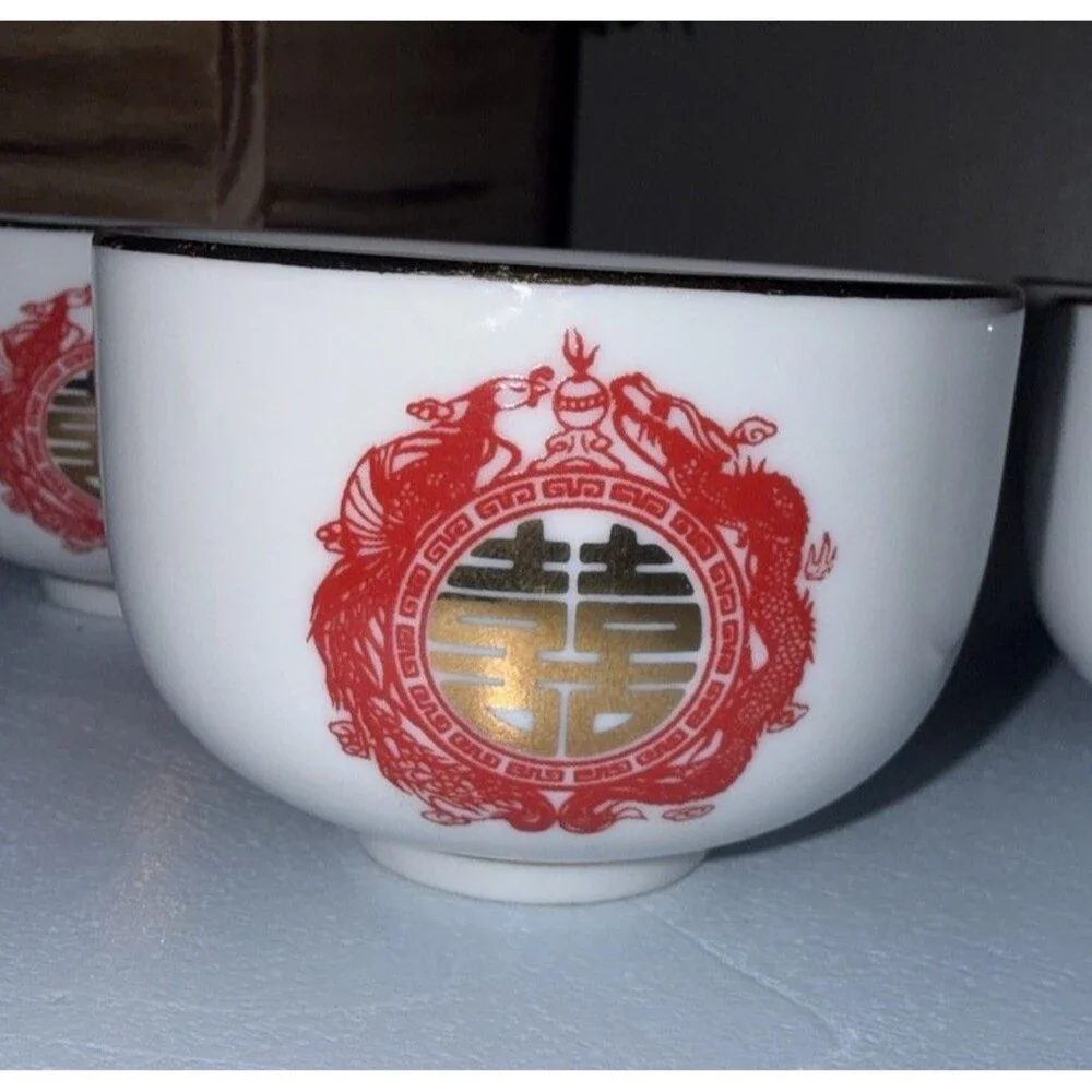 Vintage Chinese Double Happiness Tea Cups Set of 6 Red Gold Porcelain Asian Cups